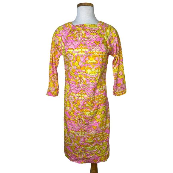 Vintage 60s David Crystal Mod Dress Pink Yellow Floral Print 3/4 Sleeve Small - Picture 1 of 7